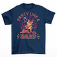 Navy t-shirt of a dog playing the lute in a tavern with text "PARTY LIKE A BARD".