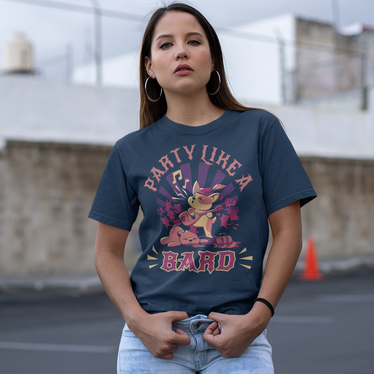 Navy t-shirt of a dog playing the lute in a tavern with text "PARTY LIKE A BARD".