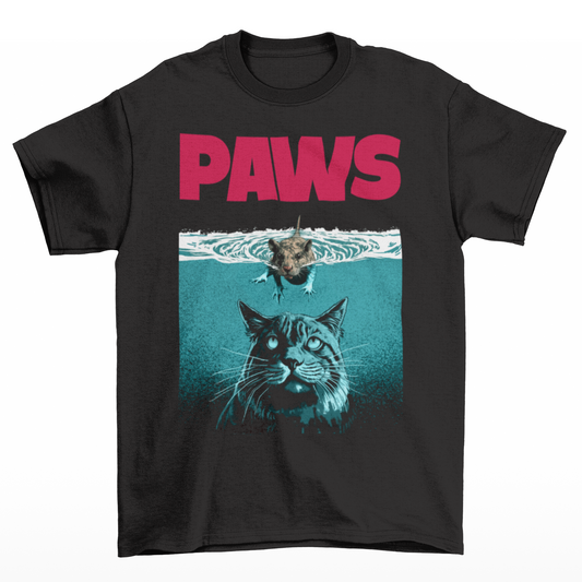 Black t-shirt of a mouse swimming on top of the water with a cat lurking underneath with text "PAWS".