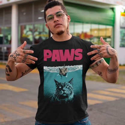 Introducing our "PAWS" T-shirt, a captivating and whimsical design that captures the perfect balance between playful and daring. This delightful shirt features an adorable little mouse fearlessly swimming on the water's surface, exuding confidence as it glides through the gentle ripples. The mouse appears relaxed and cheerful, as if it has found its true element in the aquatic world. Beneath the water, lurking stealthily, is the unmistakable silhouette of a cat.