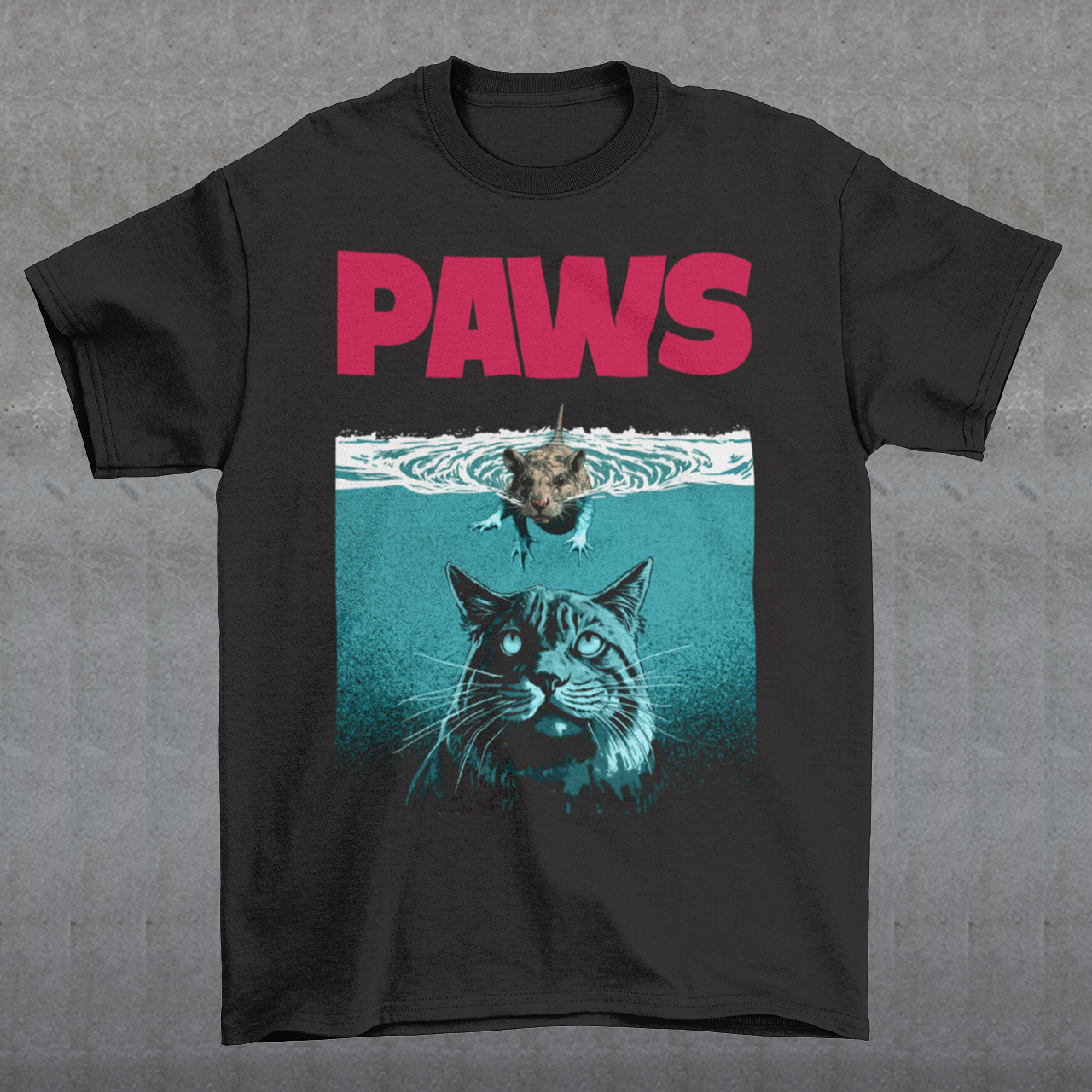 Introducing our "PAWS" T-shirt, a captivating and whimsical design that captures the perfect balance between playful and daring. This delightful shirt features an adorable little mouse fearlessly swimming on the water's surface, exuding confidence as it glides through the gentle ripples. The mouse appears relaxed and cheerful, as if it has found its true element in the aquatic world. Beneath the water, lurking stealthily, is the unmistakable silhouette of a cat.