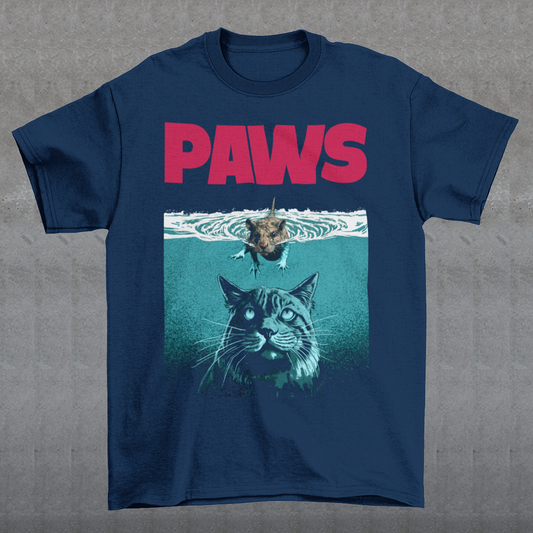 Introducing our "PAWS" T-shirt, a captivating and whimsical design that captures the perfect balance between playful and daring. This delightful shirt features an adorable little mouse fearlessly swimming on the water's surface, exuding confidence as it glides through the gentle ripples. The mouse appears relaxed and cheerful, as if it has found its true element in the aquatic world. Beneath the water, lurking stealthily, is the unmistakable silhouette of a cat.