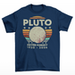 Navy t-shirt of Pluto in front of a retro sun with text above PLUTO and text underneath NEVER FORGET 1930 - 2006.