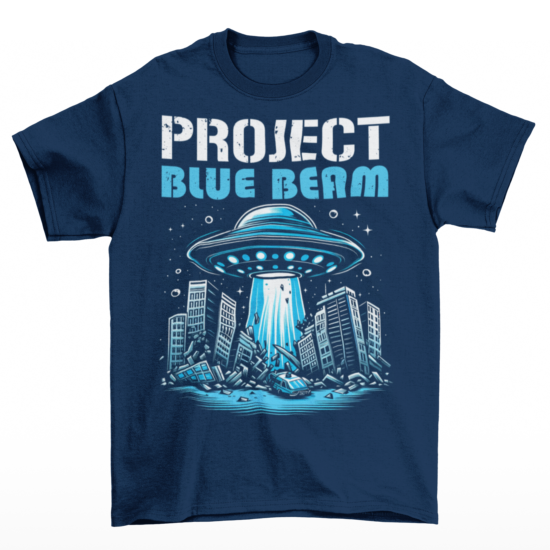 Navy t-shirt of a UFO destroying a city and text "PROJECT BLUE BEAM."