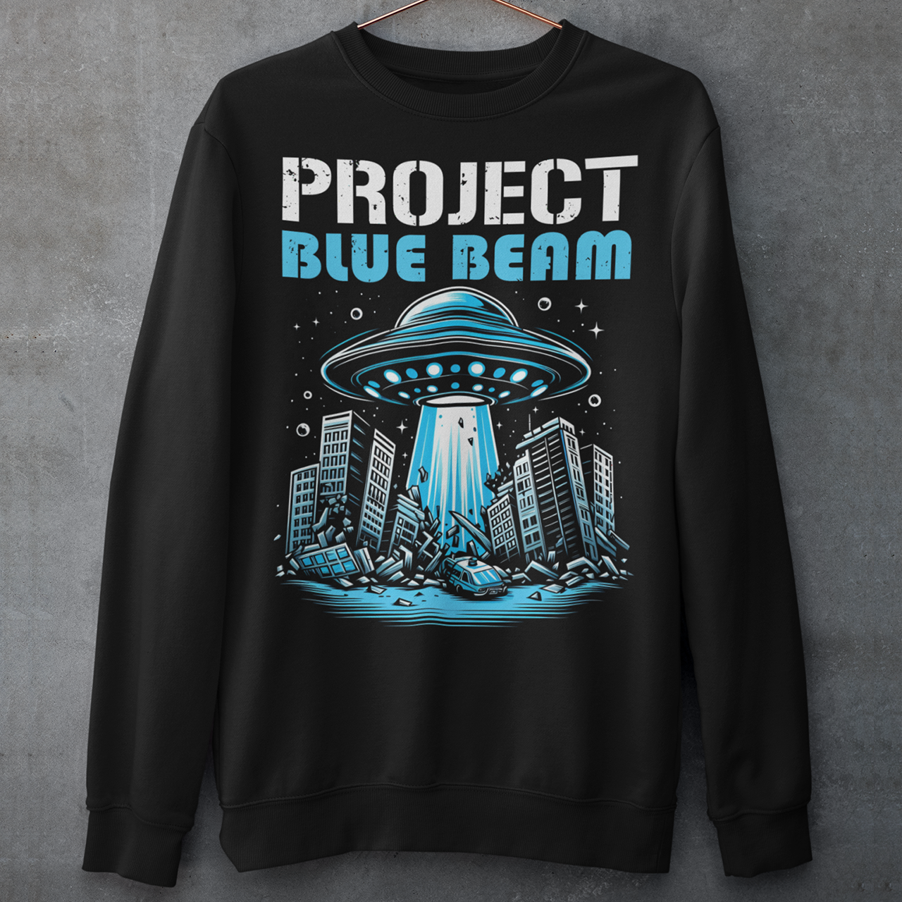 Black sweatshirt of a UFO destroying a city and text "PROJECT BLUE BEAM."