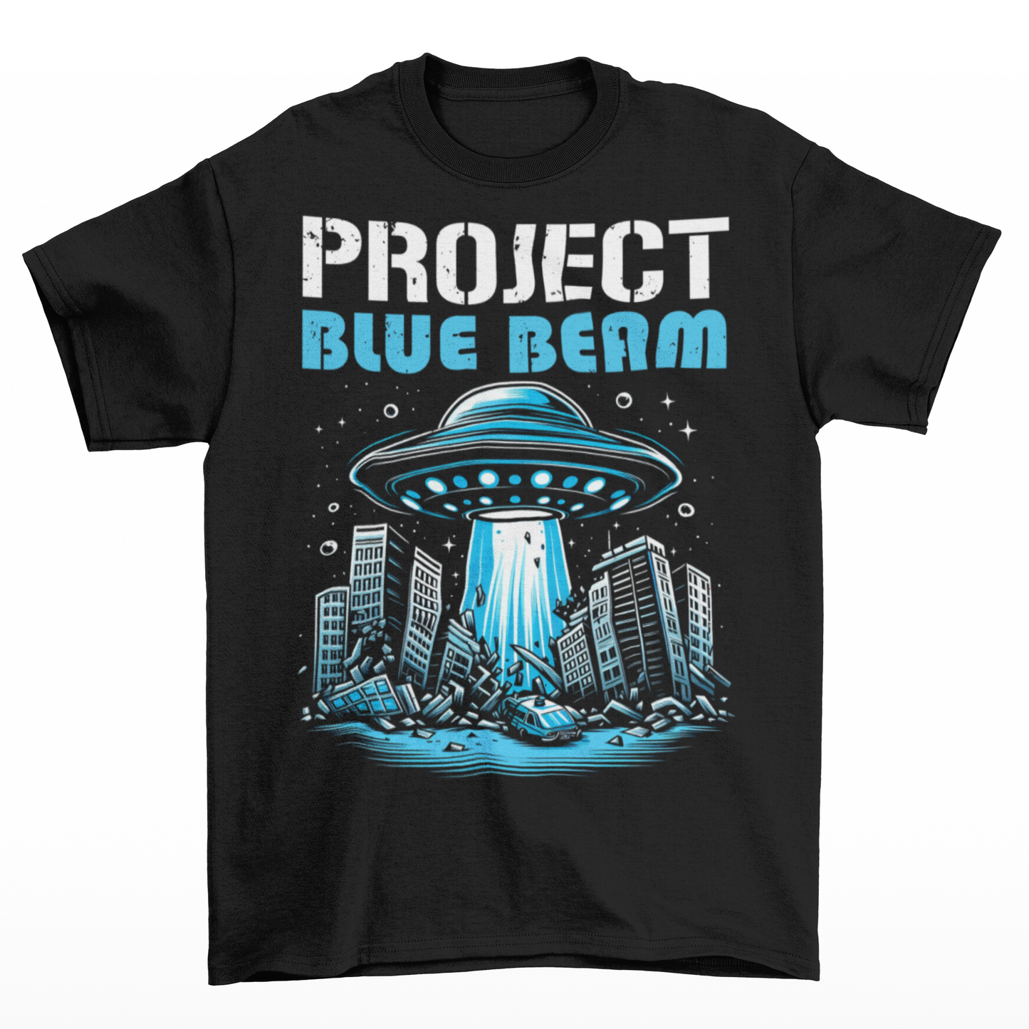 Black t-shirt of a UFO destroying a city and text "PROJECT BLUE BEAM."