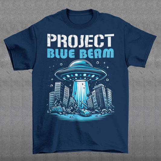 This bold and striking t-shirt features a dramatic scene of a UFO hovering menacingly above a futuristic city, casting a glowing beam of light that tears through skyscrapers, causing chaos and destruction below. The detailed artwork captures the intensity of the moment, with crumbling buildings giving the design an apocalyptic feel. Above the imagery, the text "PROJECT BLUE BEAM" is emblazoned in bold, futuristic typography, adding a mysterious and conspiracy-driven edge to the design.