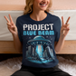 This bold and striking t-shirt features a dramatic scene of a UFO hovering menacingly above a futuristic city, casting a glowing beam of light that tears through skyscrapers, causing chaos and destruction below. The detailed artwork captures the intensity of the moment, with crumbling buildings giving the design an apocalyptic feel. Above the imagery, the text "PROJECT BLUE BEAM" is emblazoned in bold, futuristic typography, adding a mysterious and conspiracy-driven edge to the design.