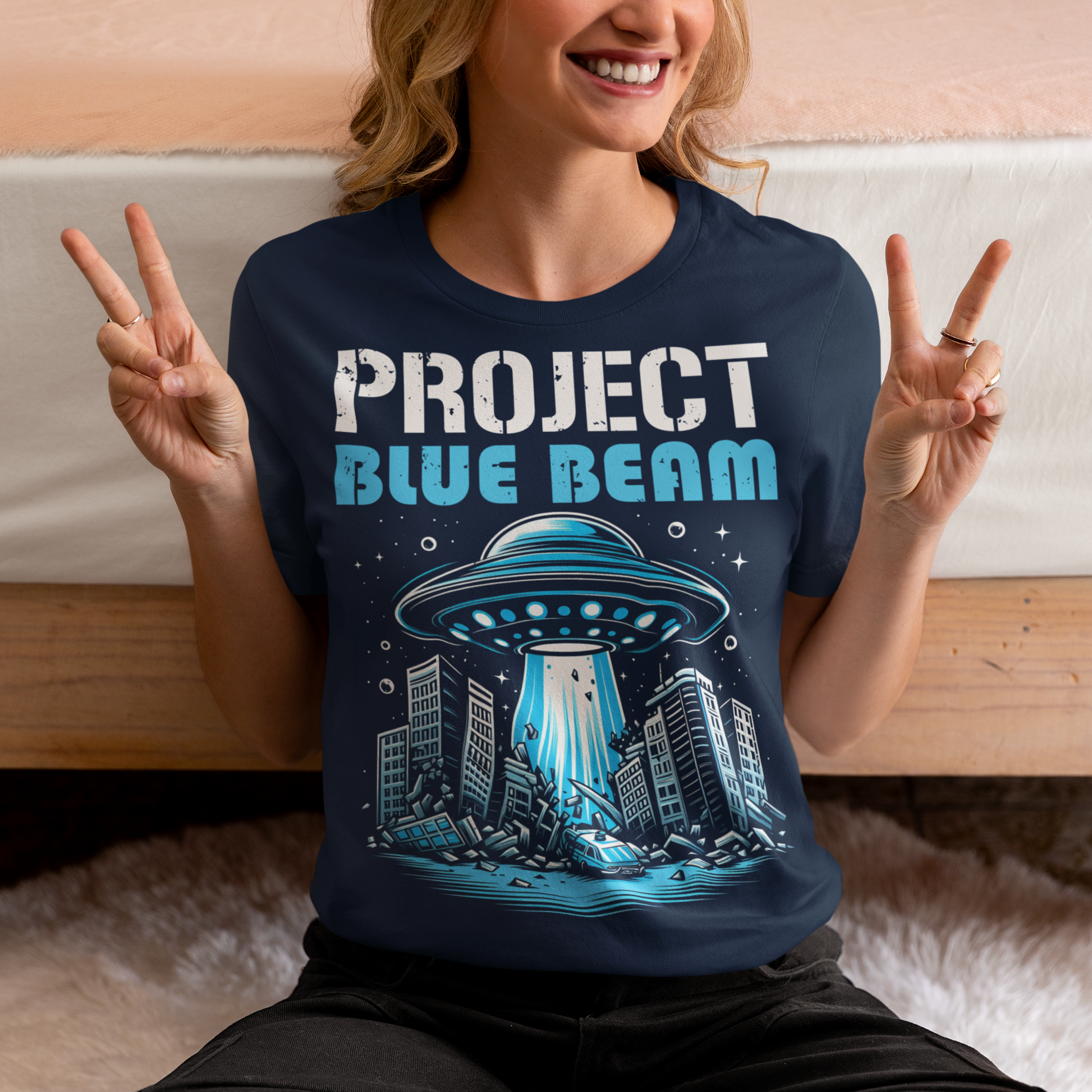 Navy t-shirt of a UFO destroying a city and text "PROJECT BLUE BEAM."