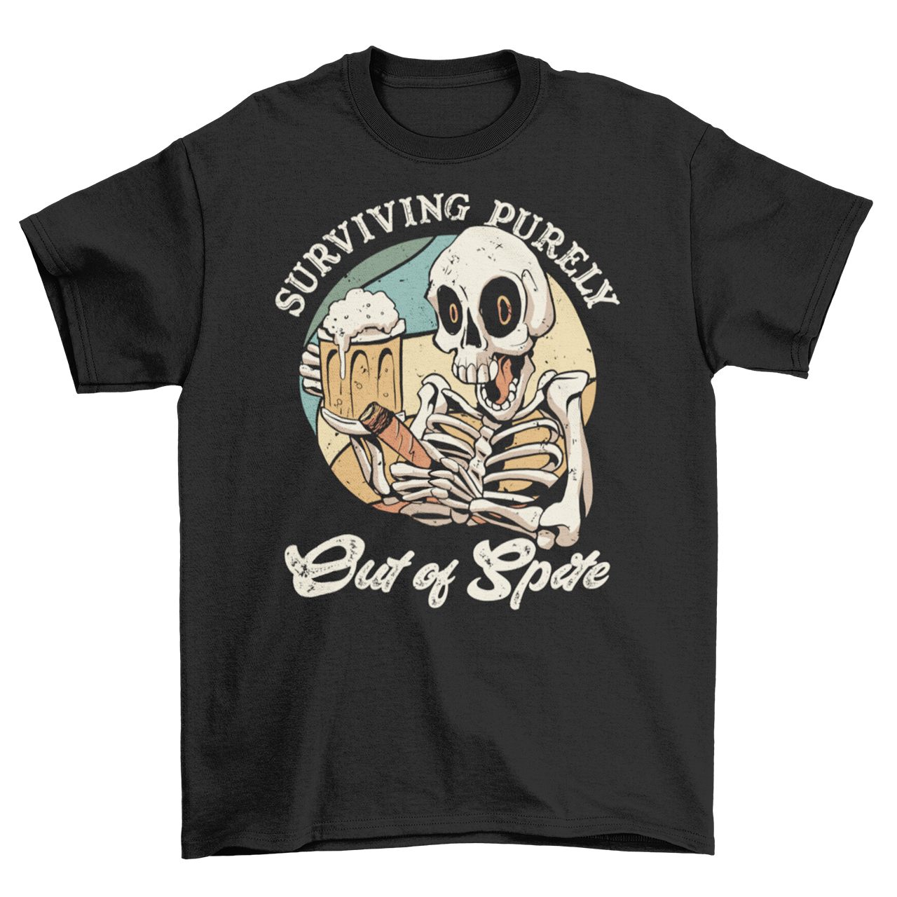 Black t-shirt with skeleton drinking beer and holding a cigar with text "SURVIVING PURELY OUT OF SPITE".