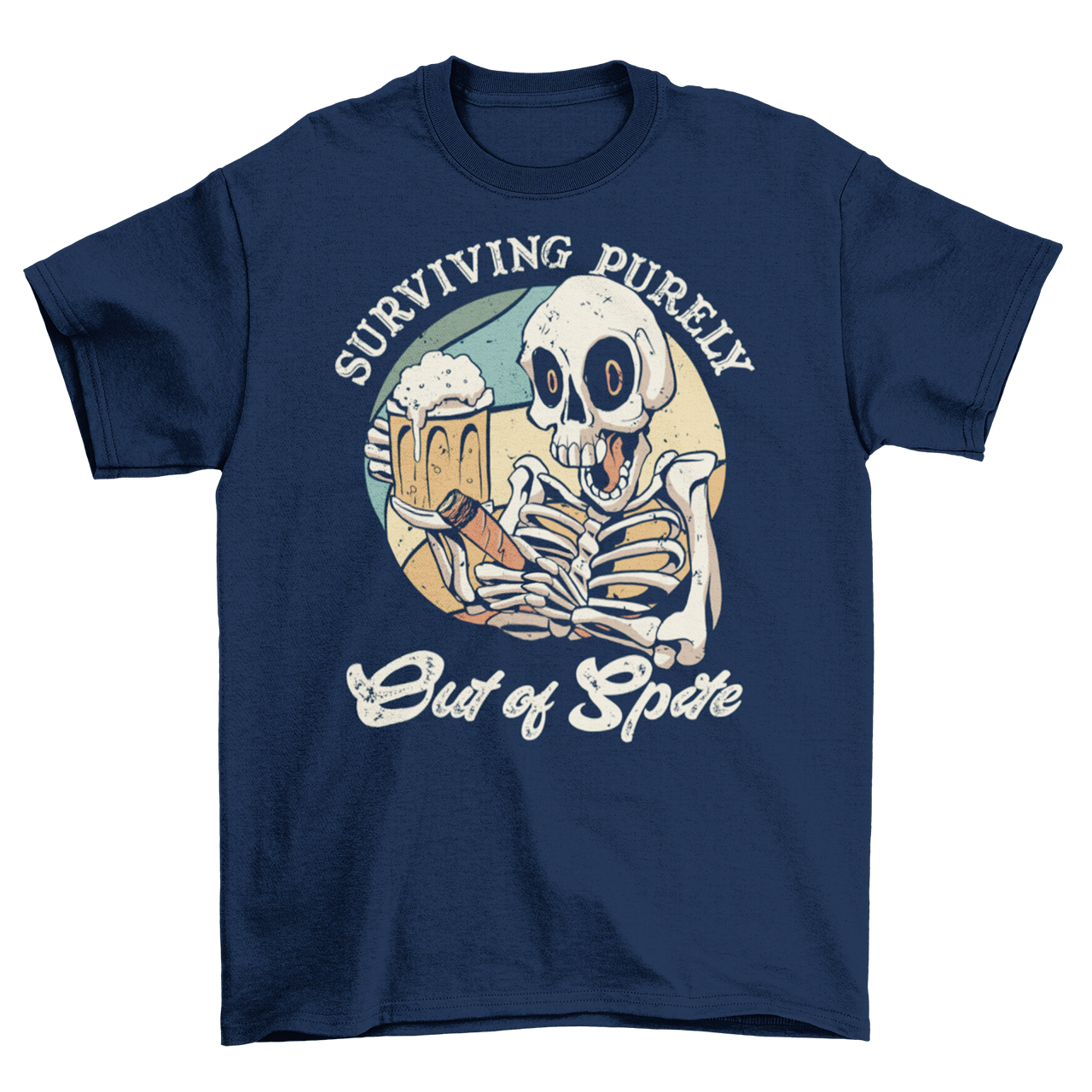 Navy t-shirt with skeleton drinking beer and holding a cigar with text "SURVIVING PURELY OUT OF SPITE".