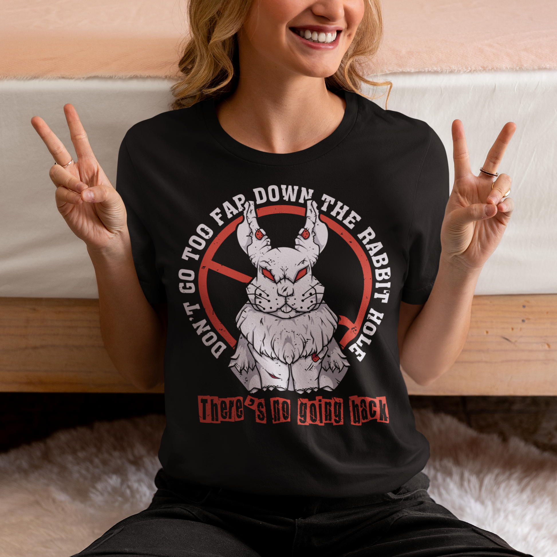 Introducing our captivating t-shirt design that captures the essence of curiosity and caution: the "Don't Go Too Far Down the Rabbit Hole" design. This captivating artwork portrays a charming rabbit standing confidently in front of a bold censor sign, creating a visually striking and thought-provoking composition. At the forefront of the design, a lively and endearing rabbit stands with an air of curiosity.