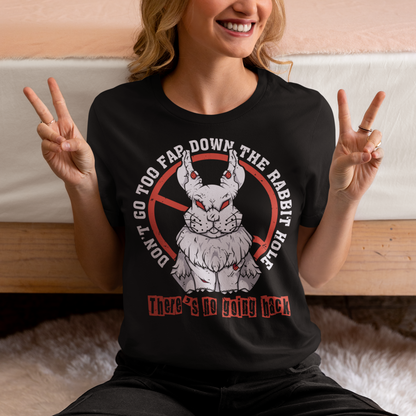 Introducing our captivating t-shirt design that captures the essence of curiosity and caution: the "Don't Go Too Far Down the Rabbit Hole" design. This captivating artwork portrays a charming rabbit standing confidently in front of a bold censor sign, creating a visually striking and thought-provoking composition. At the forefront of the design, a lively and endearing rabbit stands with an air of curiosity.