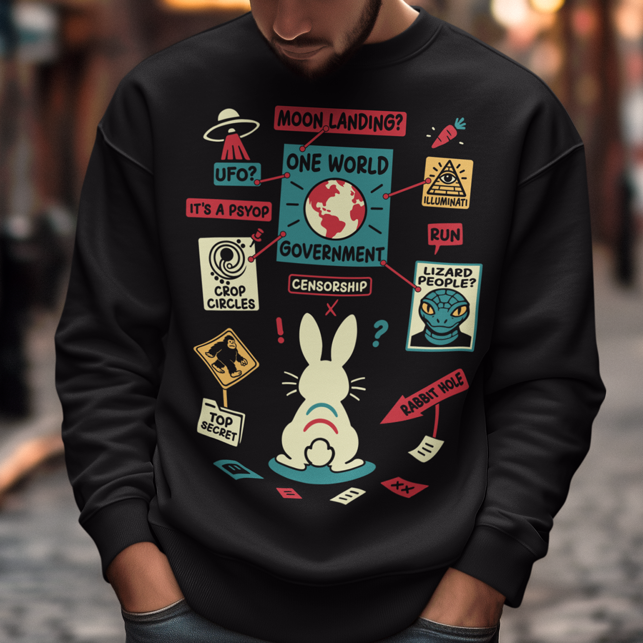 Black sweatshirt featuring a humorous conspiracy theory design with a confused rabbit standing before a bulletin board connected by red strings. The artwork includes UFOs, moon landing, lizard people, crop circles, Bigfoot, Illuminati, censorship, psyops, and rabbit hole references in a colorful retro style. A funny graphic tee for fans of conspiracies, cryptids, aliens, internet memes, and mystery-themed humor.