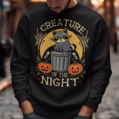 Black sweatshirt featuring a vintage Halloween graphic of a cute raccoon sitting on a trash can beneath a golden moon. The design includes pumpkins, spider webs, leaves, fish bones, and distressed lettering reading “CREATURE OF THE NIGHT.” A spooky woodland animal design perfect for raccoon lovers, Halloween fans, and anyone who loves nocturnal creatures.
