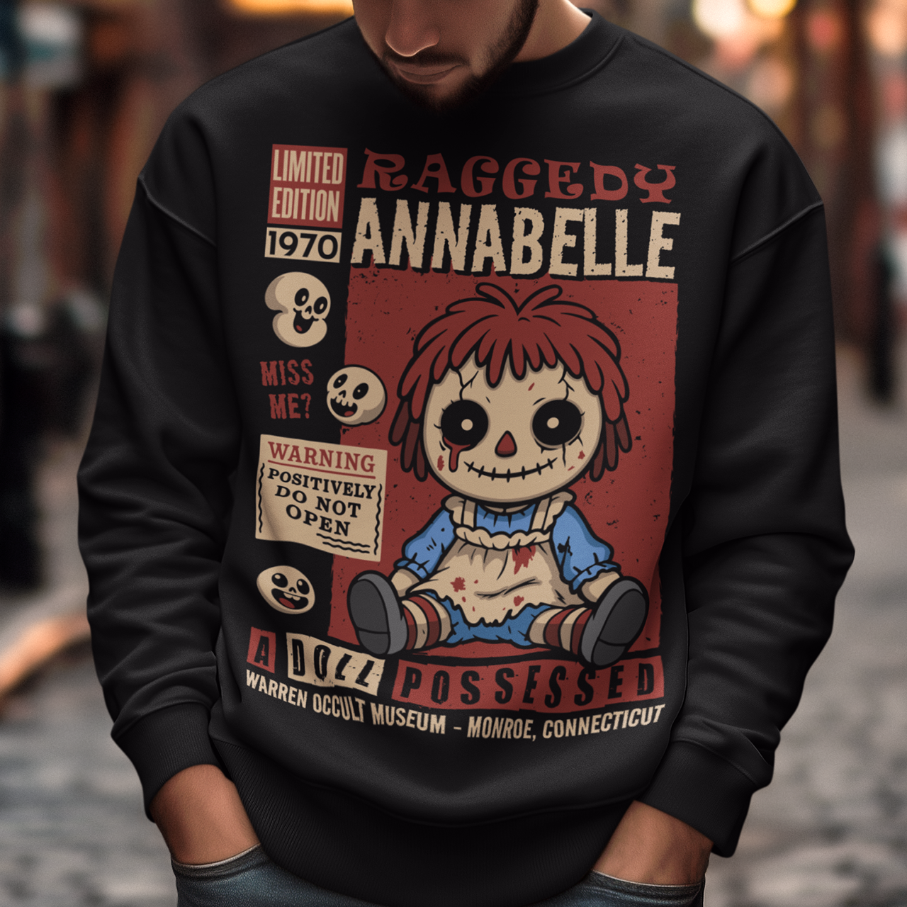 Stay cozy with a creepy-cute twist in this horror-themed sweatshirt featuring a distressed vintage doll design inspired by classic haunted-toy aesthetics. The graphic showcases a stitched, wide-eyed rag-style doll surrounded by spooky warning labels and retro horror elements, giving it the look of an old collectible poster. This shirt is ideal for horror fans, lovers of eerie artwork, and anyone who enjoys adding a little dark charm to their wardrobe.