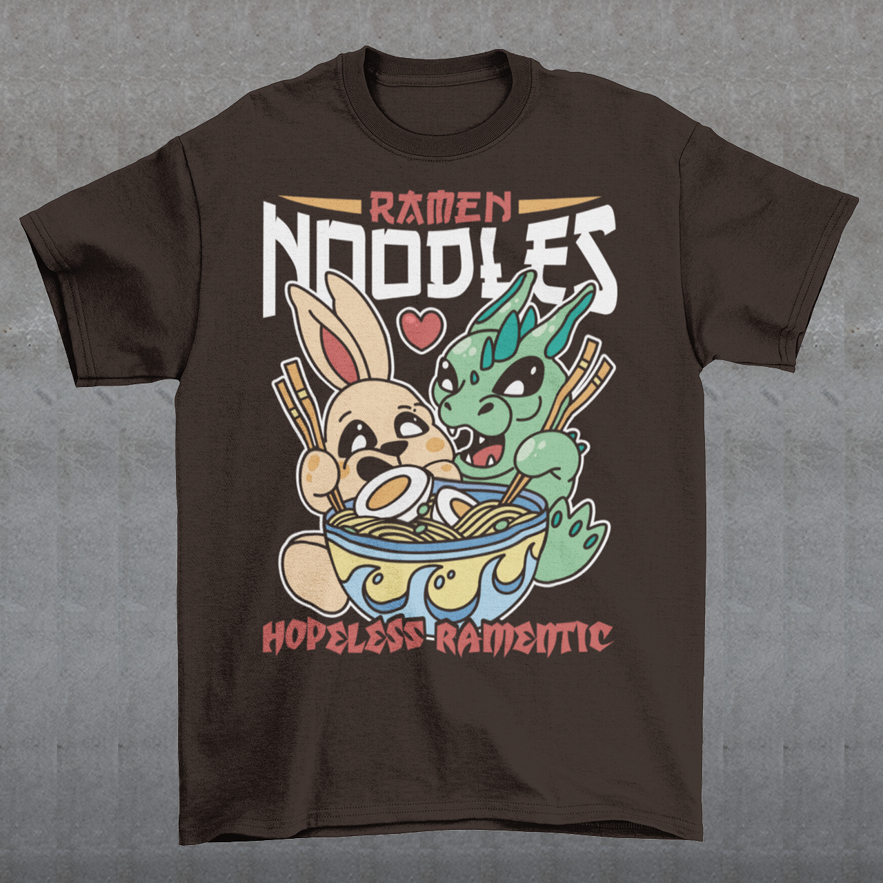 Indulge in the whimsical harmony of culinary delight and fantastical companionship with our "Ramen Noodles" t-shirt featuring a captivating scene of a dragon and a rabbit sharing a bowl of savory ramen. This unique and charming design seamlessly blends the worlds of mythical creatures and culinary passion to create a wearable work of art. Above the delightful duo, the bold text proudly declares "RAMEN NOODLES," setting the stage for the central theme of this captivating tee.