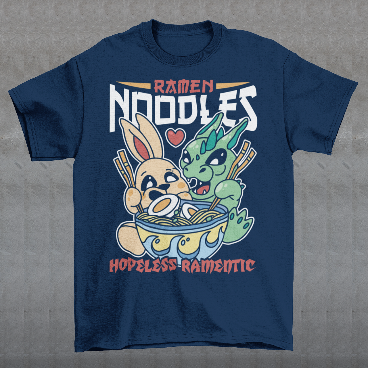 Indulge in the whimsical harmony of culinary delight and fantastical companionship with our "Ramen Noodles" t-shirt featuring a captivating scene of a dragon and a rabbit sharing a bowl of savory ramen. This unique and charming design seamlessly blends the worlds of mythical creatures and culinary passion to create a wearable work of art. Above the delightful duo, the bold text proudly declares "RAMEN NOODLES," setting the stage for the central theme of this captivating tee.