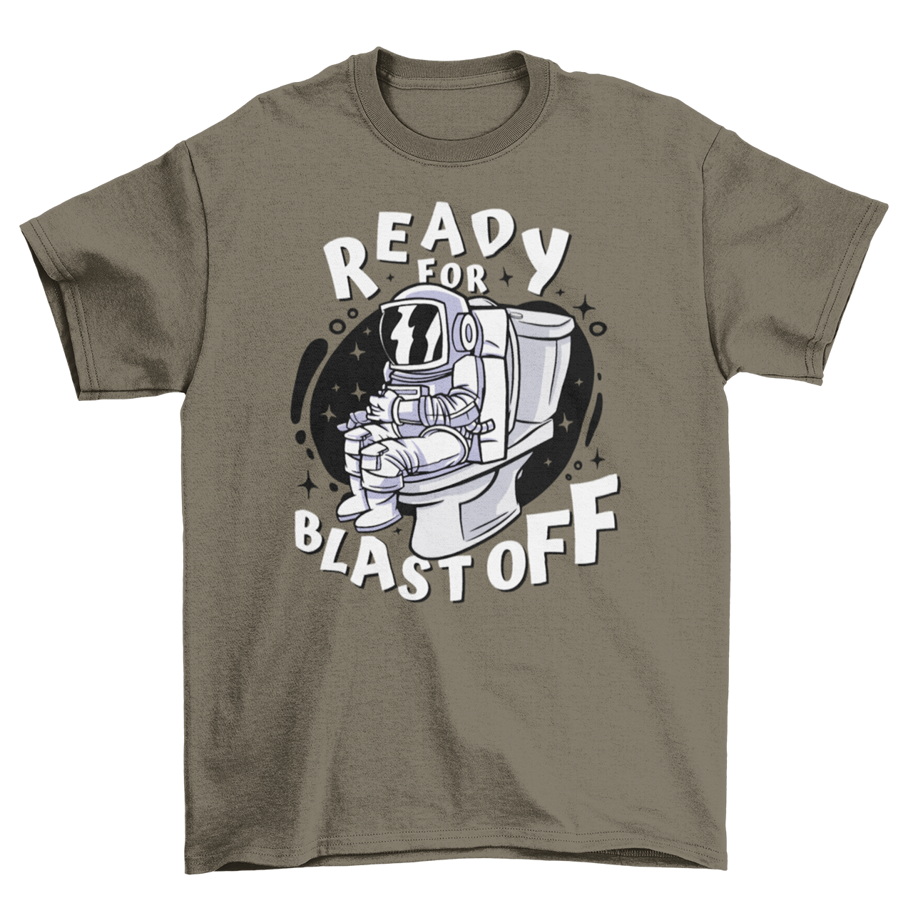 Army t-shirt of astronaut sitting on toilet with text "READY FOR BLAST OFF".