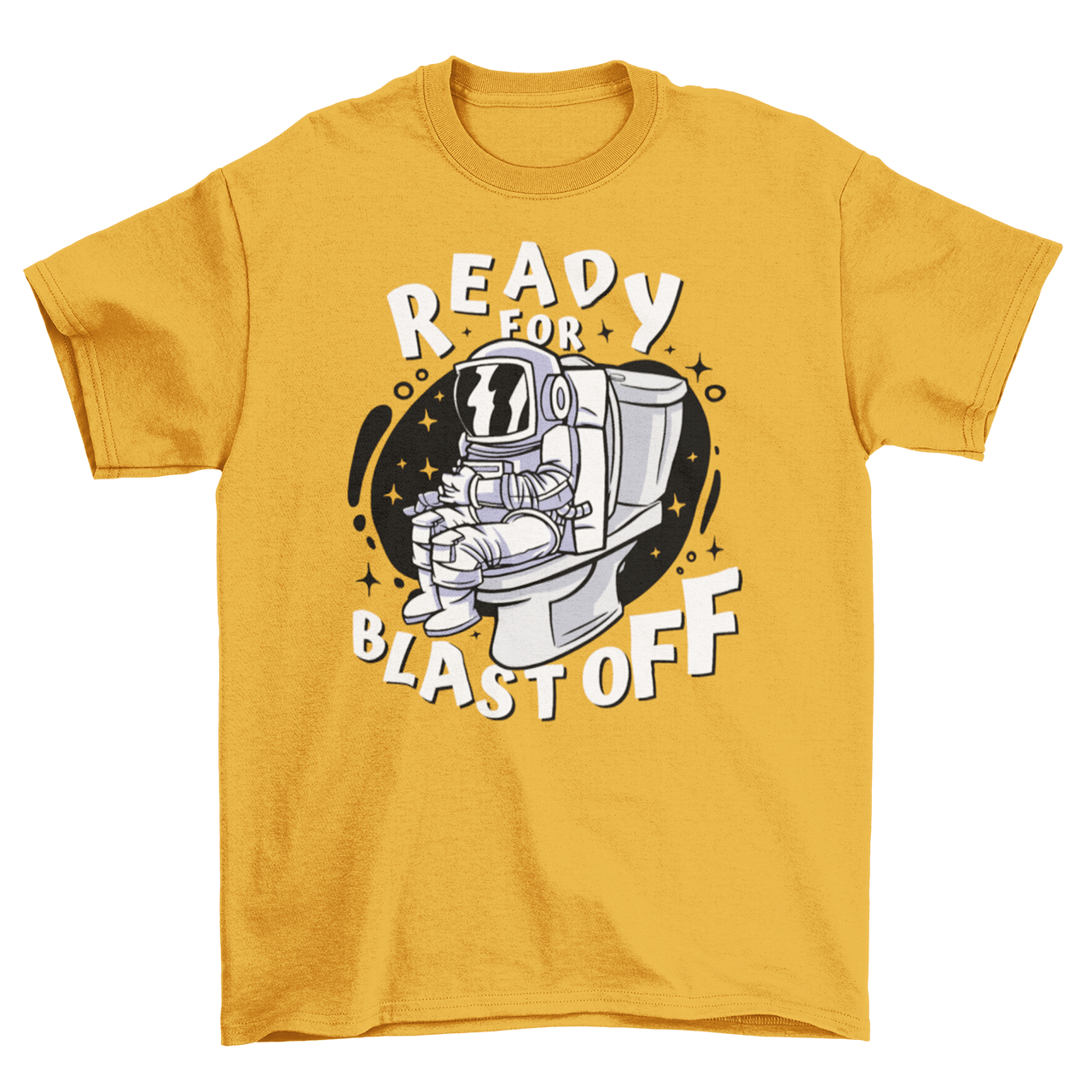 Mustard t-shirt of astronaut sitting on toilet with text "READY FOR BLAST OFF".