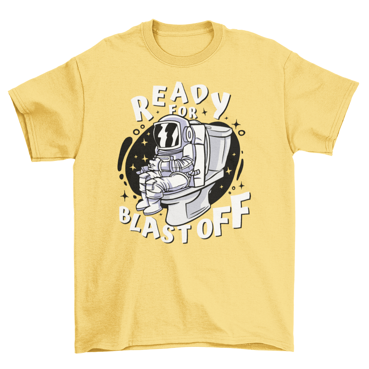 Yellow t-shirt of astronaut sitting on toilet with text "READY FOR BLAST OFF".