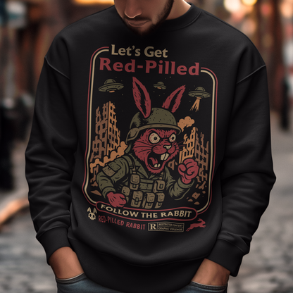This black graphic sweatshirt dives headfirst down the rabbit hole. Featuring a fierce, red-eyed rabbit geared up like a rebel soldier, the design blends sci-fi paranoia, retro poster aesthetics, and counterculture attitude. Bold lettering reads “Let’s Get Red-Pilled” with “Follow the Rabbit” anchoring the scene, while crumbling cityscapes and hovering UFOs set a dystopian, mind-bending mood. This shirt feels like a lost propaganda poster from an alternate reality.