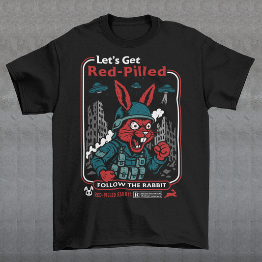 This black graphic tee dives headfirst down the rabbit hole. Featuring a fierce, red-eyed rabbit geared up like a rebel soldier, the design blends sci-fi paranoia, retro poster aesthetics, and counterculture attitude. Bold lettering reads “Let’s Get Red-Pilled” with “Follow the Rabbit” anchoring the scene, while crumbling cityscapes and hovering UFOs set a dystopian, mind-bending mood. This shirt feels like a lost propaganda poster from an alternate reality.
