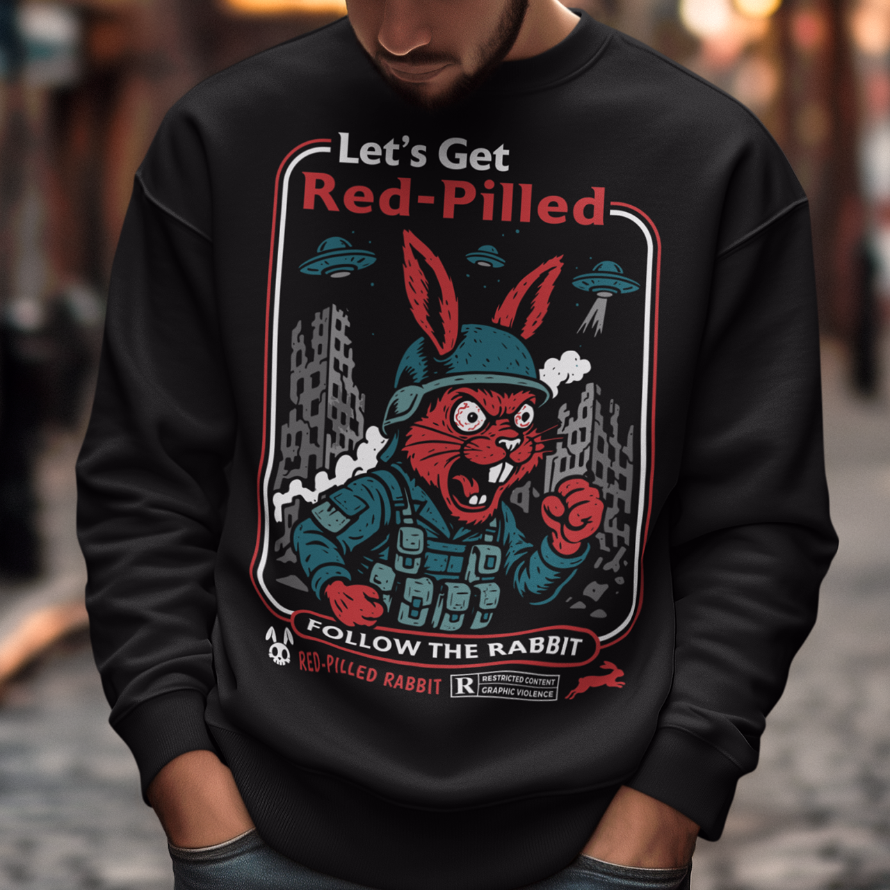 This black graphic sweatshirt dives headfirst down the rabbit hole. Featuring a fierce, red-eyed rabbit geared up like a rebel soldier, the design blends sci-fi paranoia, retro poster aesthetics, and counterculture attitude. Bold lettering reads “Let’s Get Red-Pilled” with “Follow the Rabbit” anchoring the scene, while crumbling cityscapes and hovering UFOs set a dystopian, mind-bending mood. This shirt feels like a lost propaganda poster from an alternate reality.