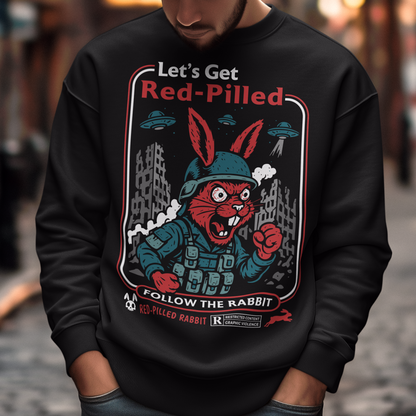 This black graphic sweatshirt dives headfirst down the rabbit hole. Featuring a fierce, red-eyed rabbit geared up like a rebel soldier, the design blends sci-fi paranoia, retro poster aesthetics, and counterculture attitude. Bold lettering reads “Let’s Get Red-Pilled” with “Follow the Rabbit” anchoring the scene, while crumbling cityscapes and hovering UFOs set a dystopian, mind-bending mood. This shirt feels like a lost propaganda poster from an alternate reality.