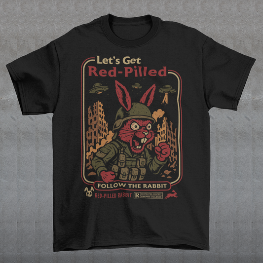 This black graphic tee dives headfirst down the rabbit hole. Featuring a fierce, red-eyed rabbit geared up like a rebel soldier, the design blends sci-fi paranoia, retro poster aesthetics, and counterculture attitude. Bold lettering reads “Let’s Get Red-Pilled” with “Follow the Rabbit” anchoring the scene, while crumbling cityscapes and hovering UFOs set a dystopian, mind-bending mood. This shirt feels like a lost propaganda poster from an alternate reality.