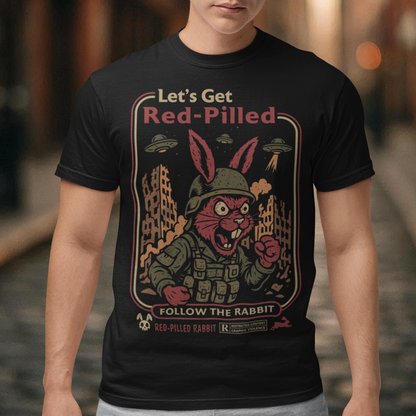 This black graphic tee dives headfirst down the rabbit hole. Featuring a fierce, red-eyed rabbit geared up like a rebel soldier, the design blends sci-fi paranoia, retro poster aesthetics, and counterculture attitude. Bold lettering reads “Let’s Get Red-Pilled” with “Follow the Rabbit” anchoring the scene, while crumbling cityscapes and hovering UFOs set a dystopian, mind-bending mood. This shirt feels like a lost propaganda poster from an alternate reality.