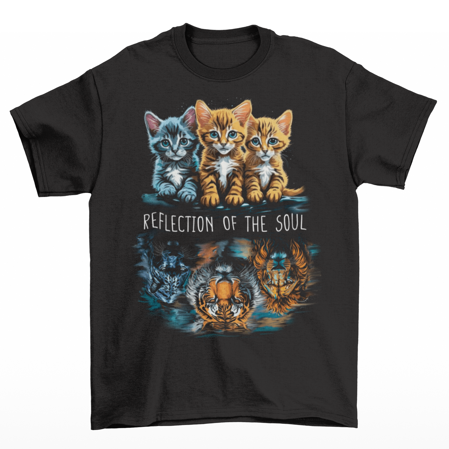 Black t-shirt of 3 cats looking at their reflection in the water of a lion, a panther and a tiger with text in the center REFLECTION OF THE SOUL.