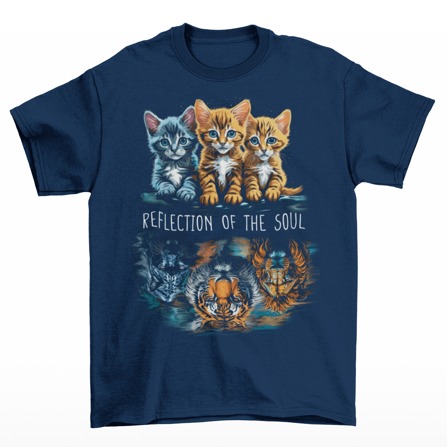 Navy t-shirt of 3 cats looking at their reflection in the water of a lion, a panther and a tiger with text in the center REFLECTION OF THE SOUL.