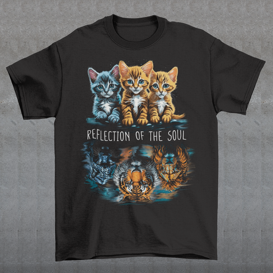The design on this t-shirt is a captivating depiction of three cats, each gazing at their reflection in the water. Positioned in front of them are the majestic figures of a lion, a panther, and a tiger, their images rippling in the tranquil surface. The cats appear transfixed, their eyes filled with curiosity and introspection as they peer into the depths. In the center of the design, bold text reads "REFLECTION OF THE SOUL," drawing attention to the profound theme of self-awareness and inner contemplation