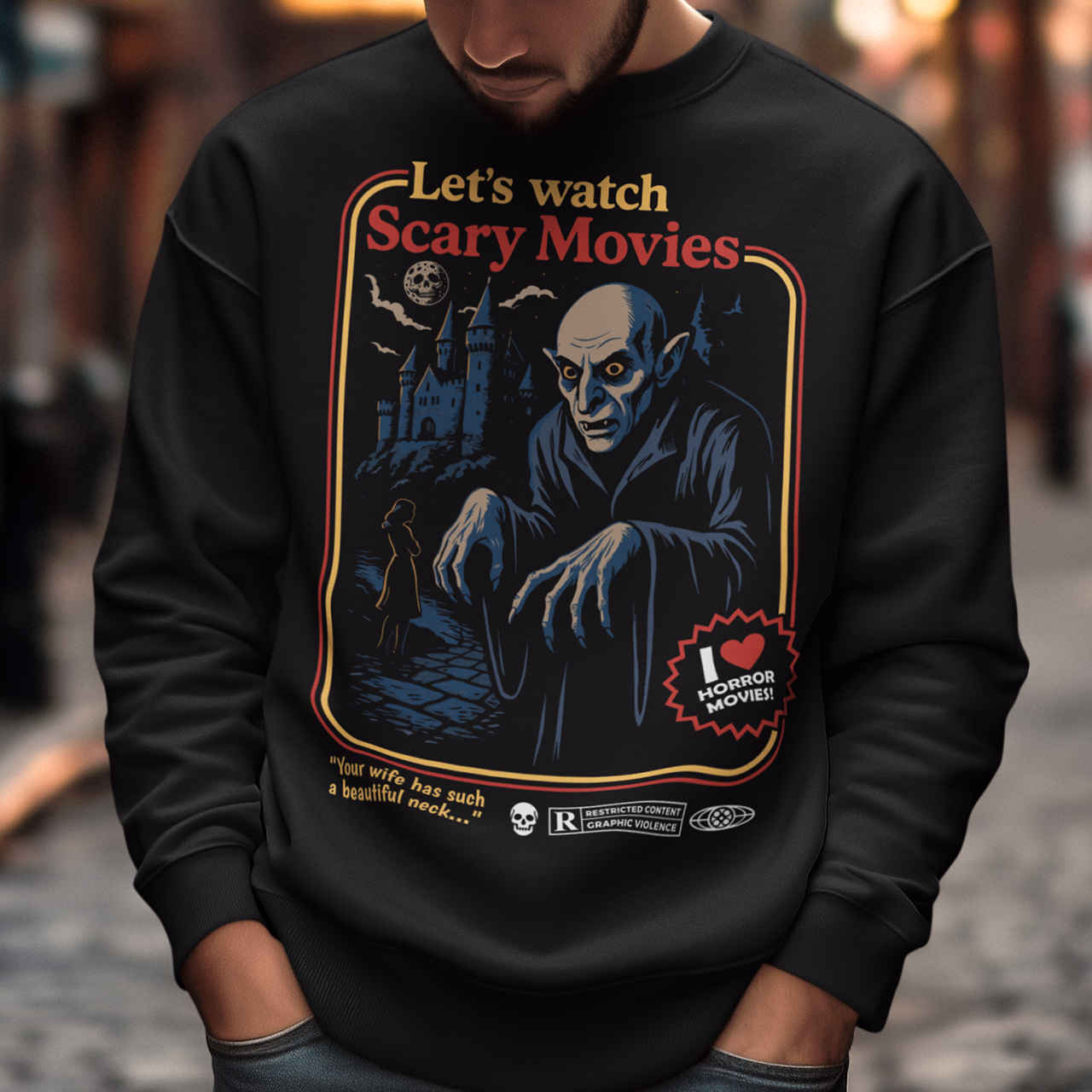 Stay warm with a touch of vintage terror in this Nosferatu-inspired horror shirt. Designed in a retro poster style, it features a classic vampire creeping through a moonlit scene, complete with bold colors, distressed detailing, and nostalgic typography that captures the eerie charm of early silent-film monsters. This shirt is a must-have for horror lovers, gothic aesthetics fans, and anyone who appreciates timeless spooky cinema.