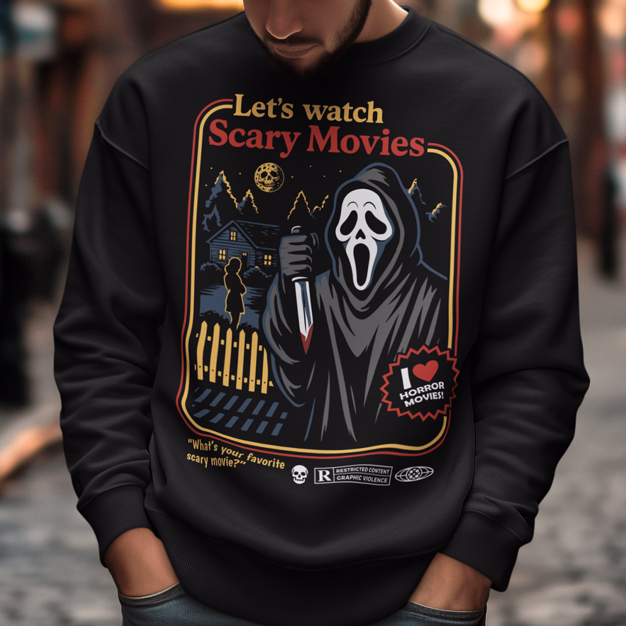 Turn up the terror with this retro-style horror sweatshirt featuring a classic masked slasher in a nostalgic vintage poster layout. Bold colors, distressed details, and a nighttime suburban scene create the perfect blend of eerie and playful, ideal for fans of scary movies and old-school horror aesthetics. Whether you’re gearing up for movie marathons, Halloween events, or just showing off your love for spooky culture, this graphic shirt makes a killer addition to any horror fan’s wardrobe.