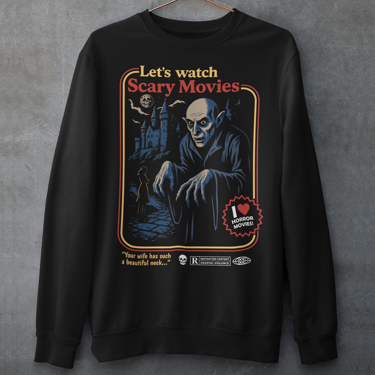 Stay warm with a touch of vintage terror in this Nosferatu-inspired horror shirt. Designed in a retro poster style, it features a classic vampire creeping through a moonlit scene, complete with bold colors, distressed detailing, and nostalgic typography that captures the eerie charm of early silent-film monsters. This shirt is a must-have for horror lovers, gothic aesthetics fans, and anyone who appreciates timeless spooky cinema.
