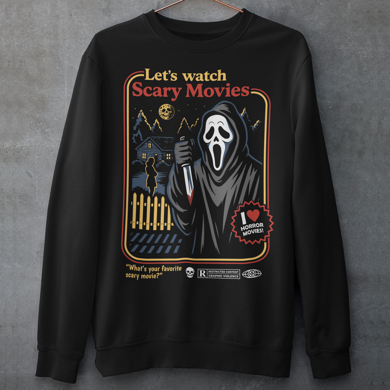 Turn up the terror with this retro-style horror sweatshirt featuring a classic masked slasher in a nostalgic vintage poster layout. Bold colors, distressed details, and a nighttime suburban scene create the perfect blend of eerie and playful, ideal for fans of scary movies and old-school horror aesthetics. Whether you’re gearing up for movie marathons, Halloween events, or just showing off your love for spooky culture, this graphic shirt makes a killer addition to any horror fan’s wardrobe.