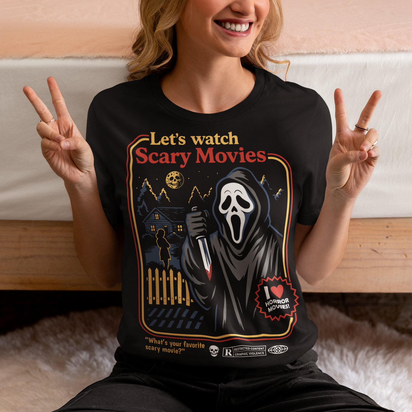 Turn up the terror with this retro-style horror T-shirt featuring a classic masked slasher in a nostalgic vintage poster layout. Bold colors, distressed details, and a nighttime suburban scene create the perfect blend of eerie and playful, ideal for fans of scary movies and old-school horror aesthetics. Whether you’re gearing up for movie marathons, Halloween events, or just showing off your love for spooky culture, this graphic tee makes a killer addition to any horror fan’s wardrobe.