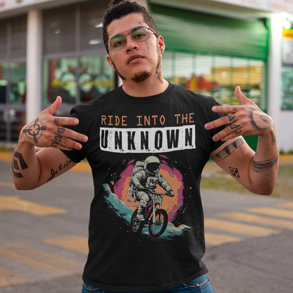 Embark on an intergalactic adventure with this captivating t-shirt featuring a fearless astronaut pedaling through the cosmos on a sleek space bike. Against the backdrop of a star-studded universe, the astronaut, adorned in a spacesuit, navigates the weightlessness of space with an exhilarating sense of exploration.