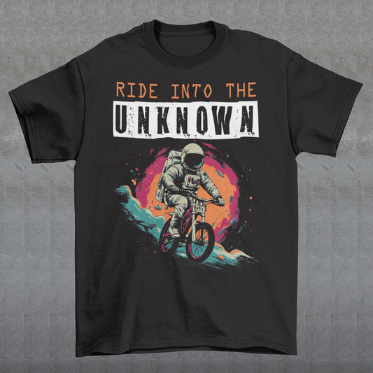 Embark on an intergalactic adventure with this captivating t-shirt featuring a fearless astronaut pedaling through the cosmos on a sleek space bike. Against the backdrop of a star-studded universe, the astronaut, adorned in a spacesuit, navigates the weightlessness of space with an exhilarating sense of exploration.