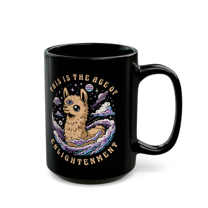 Black mug of a Llama with a third eye in space with text THIS IS THE AGE OF ENLIGHTENMENT.