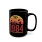 Black mug of a dystopian city silhouette on a retro sun with text 1984 BIG BROTHER IS WATCHING YOU!