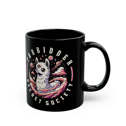 Black mug of an Illuminati llama with a third eye with text FORBIDDEN SECRET SOCIETY.