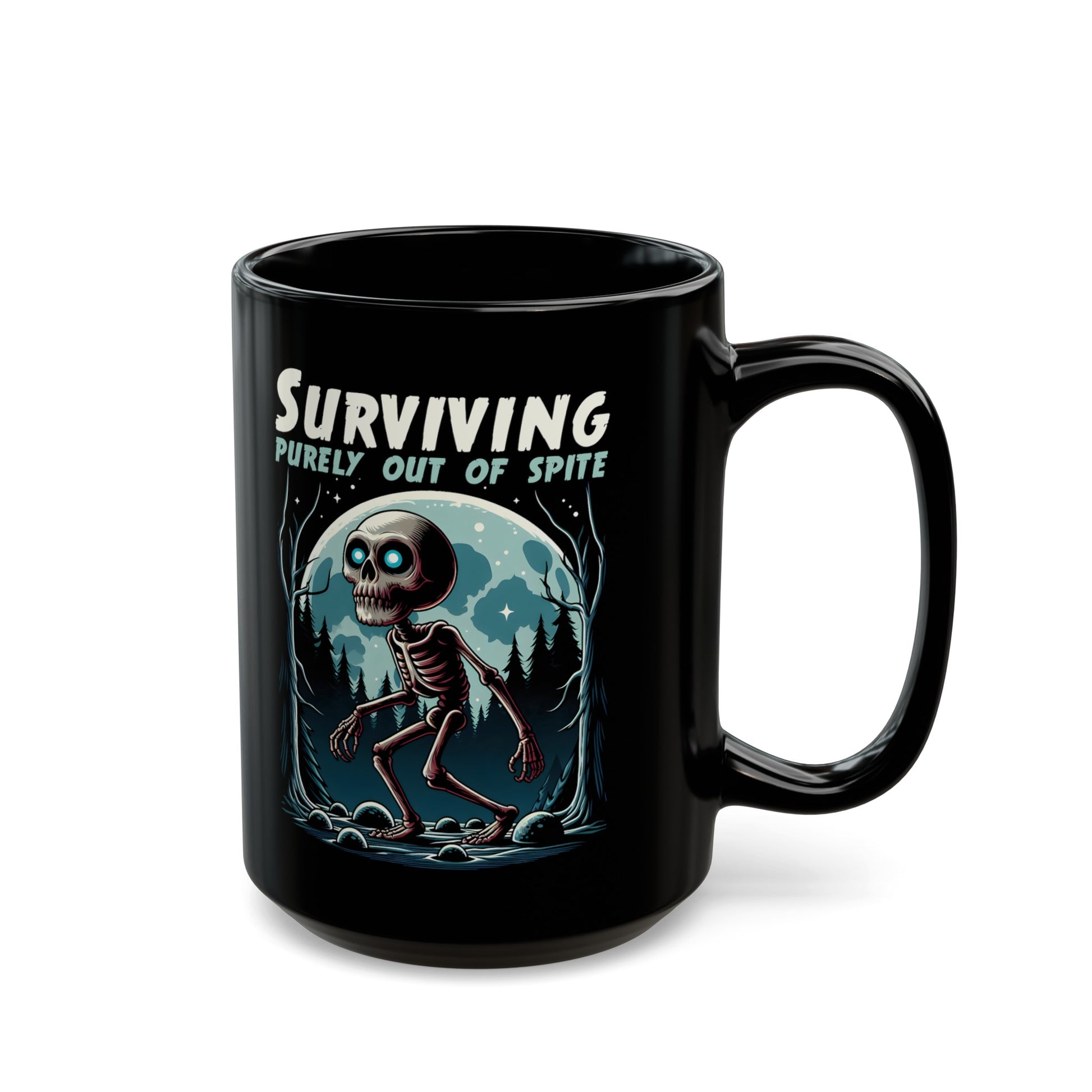 Black mug of a skeleton skinwalker in a dark forest with text above SURVIVING PURELY OUT OF SPITE.