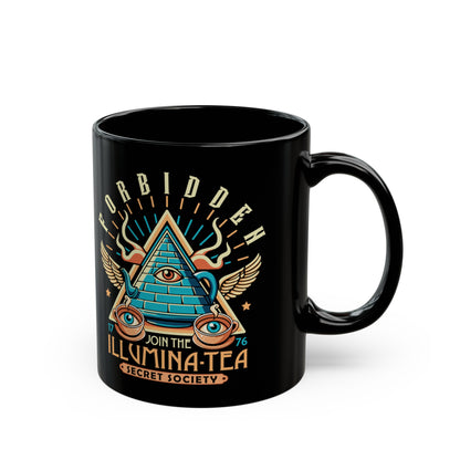 Black mug of an Illuminati tea pot and cups with text ILLUMINA-TEA.