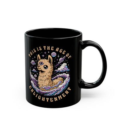 Black mug of a Llama with a third eye in space with text THIS IS THE AGE OF ENLIGHTENMENT.