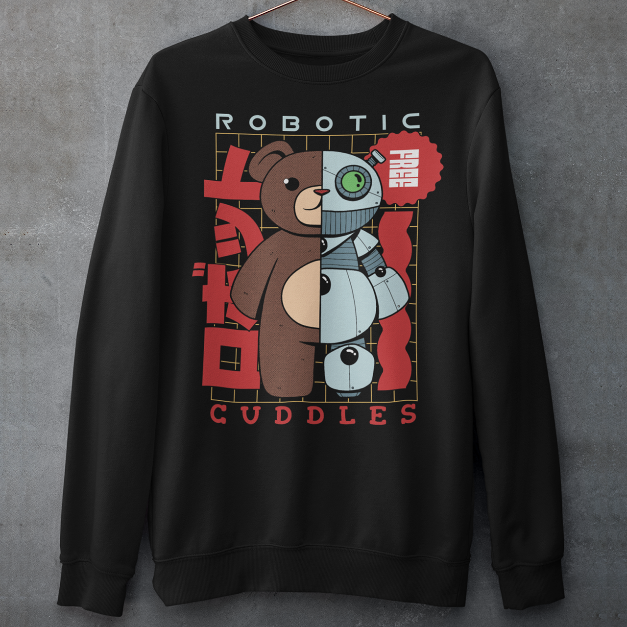 Black sweatshirt of a half robot teddy bear with text ROBOTIC CUDDLES.