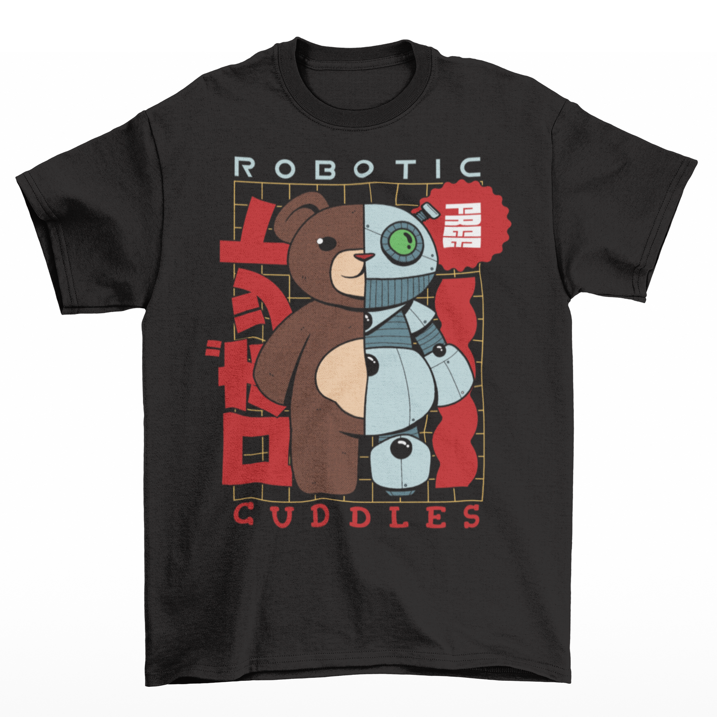 Black t-shirt of a half robot teddy bear with text above and below "ROBOTIC CUDDLES".