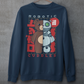 Navy sweatshirt of a half robot teddy bear with text ROBOTIC CUDDLES.